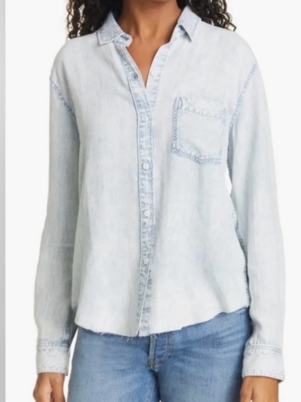Rails Ingrid Raw Hem Chambray Shirt  button up western bleached fray hem L